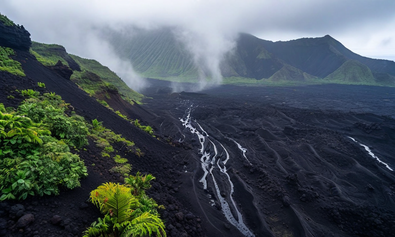 Aerial view of a steep volcanic mountain slope during heavy rainfall with mist-covered peaks, showing the dramatic terrain and geological features of a volcanic island prone to landslides