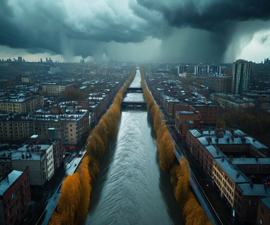 Aerial view of an urban river with high water levels flowing through a densely built cityscape during heavy rainfall, showing concrete embankments and surrounding buildings under dark storm clouds