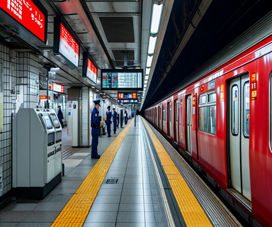 Tokyo Metro Marunouchi Line train at platform with safety personnel inspecting equipment during service disruption, showing transit infrastructure and emergency response protocols