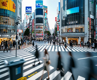 Aerial view of a busy Shibuya street intersection showing pedestrians, waste bins, and urban infrastructure representing Tokyo's littering enforcement system