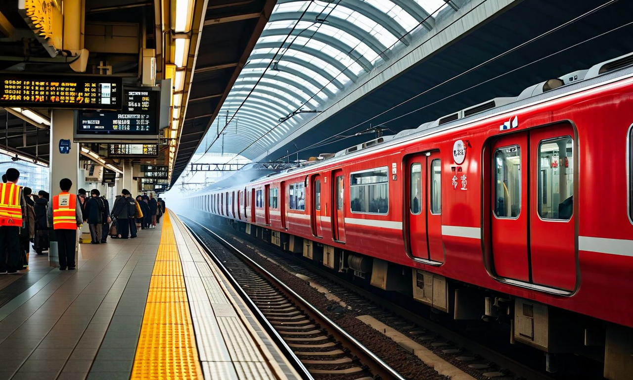 Emergency response at a Japanese train station platform showing Tokyu railway staff managing a service suspension during morning commute hours, with a red train stopped at the platform and passengers waiting orderly