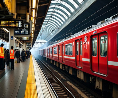 Emergency response at a Japanese train station platform showing Tokyu railway staff managing a service suspension during morning commute hours, with a red train stopped at the platform and passengers waiting orderly