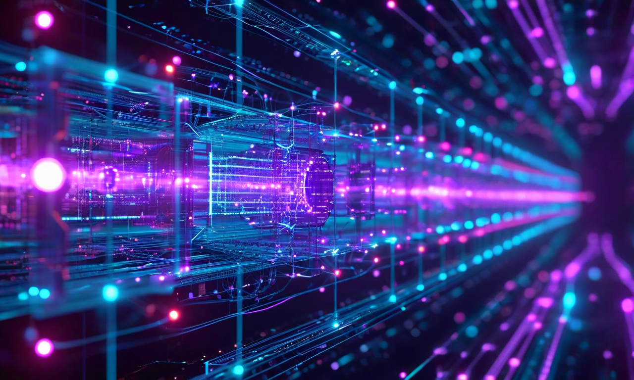 テンソルネットワークモデルの将来展望を示す3段階の進化パスの図解。左側にHL-LHC検出器の段階的導入、中央に量子コンピューティングと古典的ニューラルネットワークの融合を示す相互接続されたノード、右側に次世代検出器への応用を表示。発光するデータフローと技術的な統合を示唆する接続パスで各段階が結ばれている。