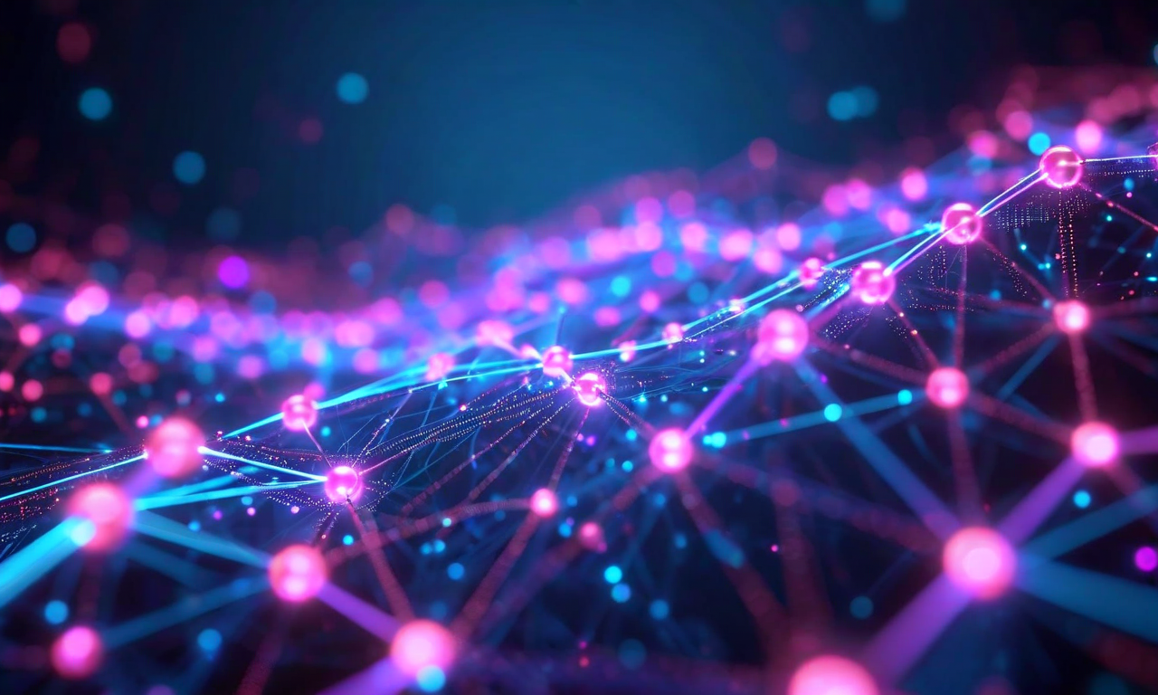 量子多体物理系における面積則エンタングルメントの抽象的な科学可視化。相互接続されたノードのネットワークが表示され、局所的なクラスタは明るく密集した接続を示し、遠い領域は薄く暗いリンクへ消えていく。青とシアンのグラデーションが境界に集中した局所相関を表現し、紫と暗色が体積領域を表す。テンソルネットワーク構造を示唆する幾何学的パターンと階層的組織が含まれる。粒子間の局所的な相互作用とグローバルに分散した量子相関の対比を表現。ジェット物理の粒子衝突要素が流動するエネルギーパターンとして組み込まれている。