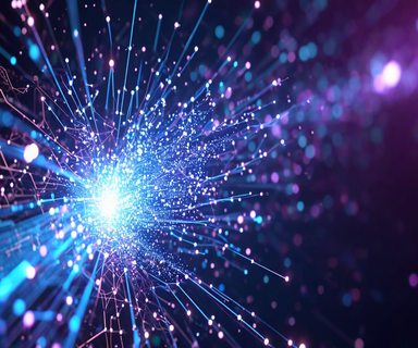 Visualization of particle collision jets transforming into a geometric tensor network structure, representing the conversion of high-energy physics data into computational models for real-time classification at the Large Hadron Collider