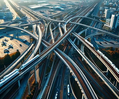 Aerial view of Japan's interconnected transportation networks showing highways with traffic, railway lines with trains, and airport facilities, illustrating synchronized holiday travel congestion across multiple transit modes