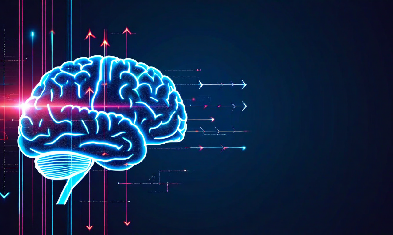 認知活動から生理的シグナルへの変換プロセスを示す概念図。左側の脳のシルエットから複数の発光する矢印が分岐し、心拍変動波形、加速度ベクトル、姿勢パターンの3つの生体信号可視化へ接続されている。すべての要素が発光するエネルギーラインで結ばれ、データ変換ポイントを示す発光ノードが配置されている。