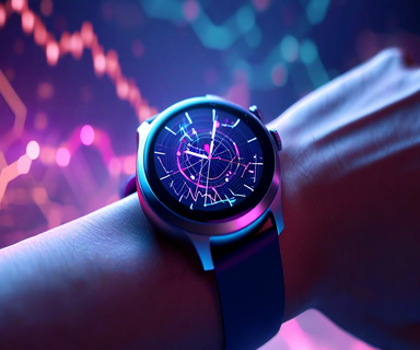 A modern smartwatch displaying sensor data visualizations with abstract neural network patterns and data points floating in the background, representing the integration of wearable technology and cognitive activity tracking