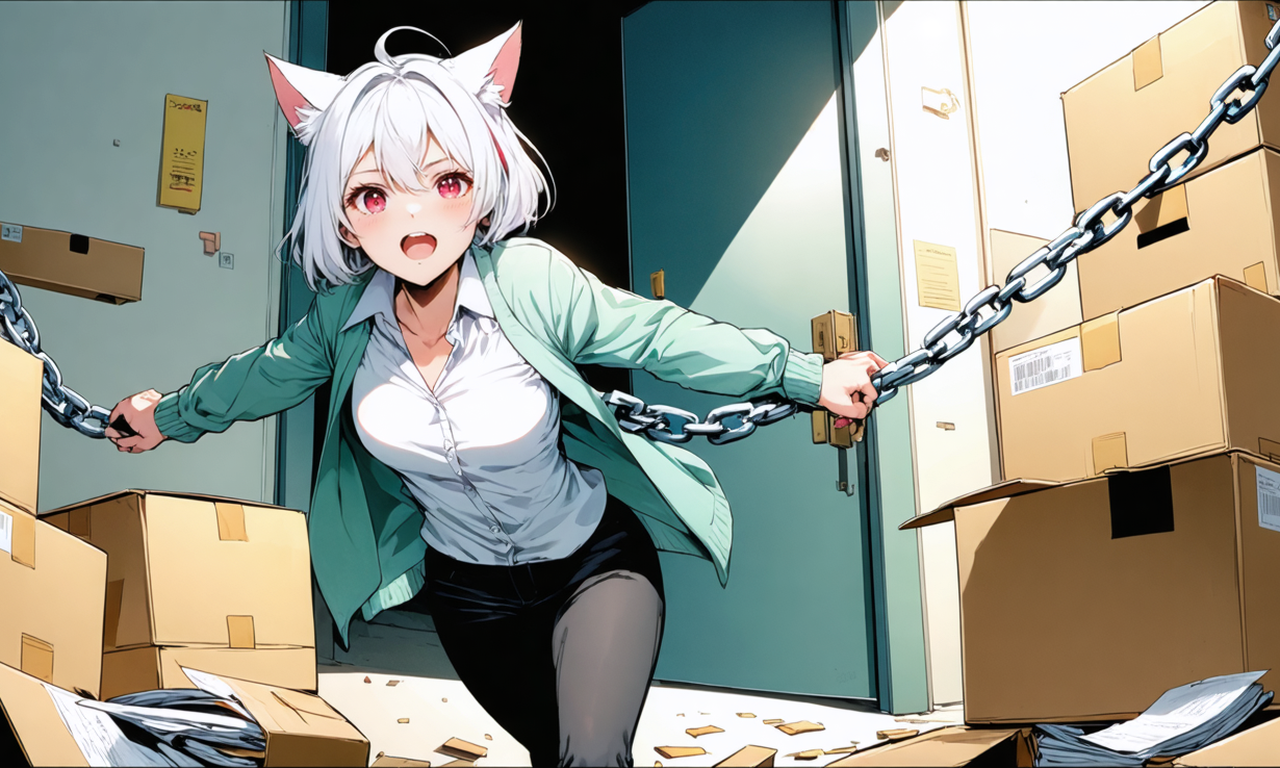 遅れて走るトラックの後ろで、荷箱がドミノ倒しのように次々と倒れていくイラストで、予測のずれが連鎖する様子を表している。ネコさんが驚いている。