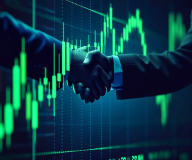 Upward trending stock market chart with green candlesticks showing market gains, overlaid with subtle diplomatic and global connectivity symbols representing geopolitical progress and market recovery