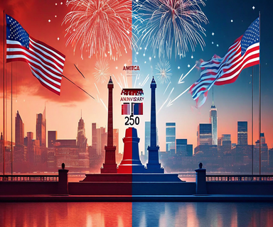 Split composition showing America's 250th anniversary celebration on one side with patriotic symbols and fireworks, contrasted with political division represented by fragmented geometric shapes on the other side, illustrating the tension between unity and polarization