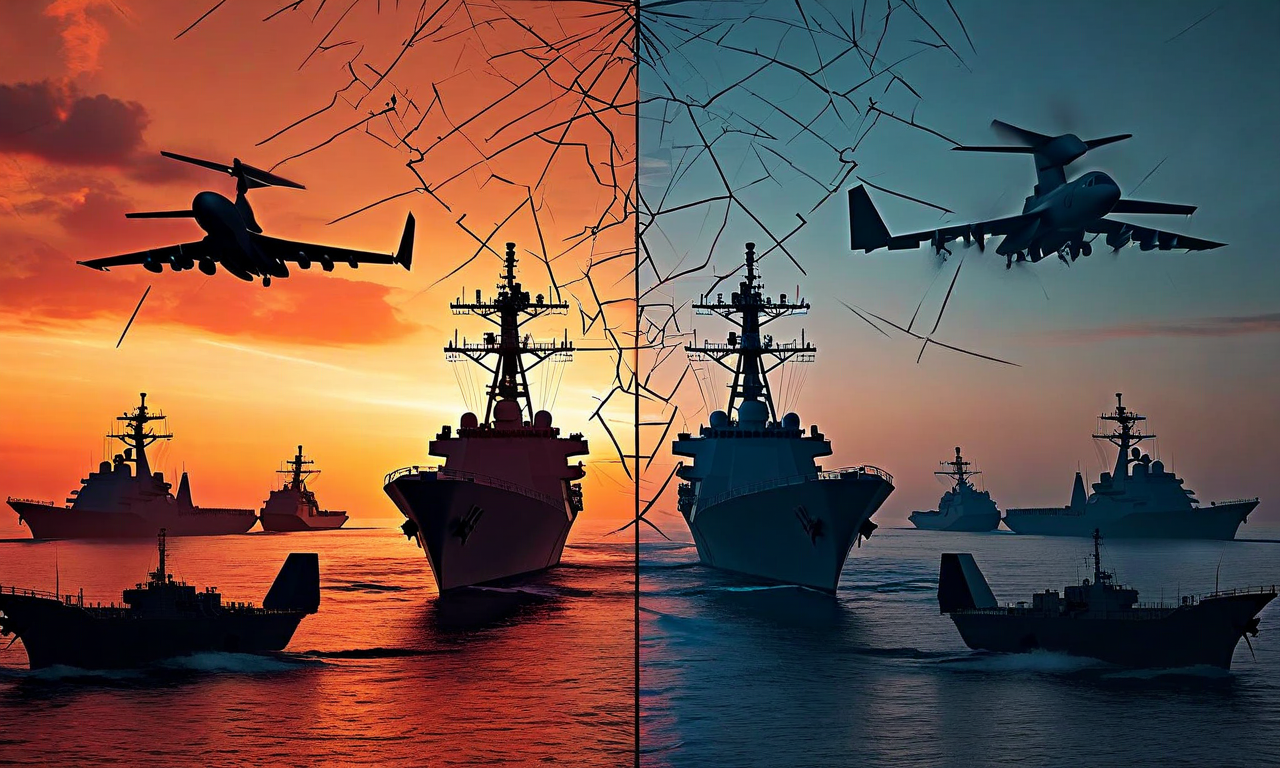 Split composition showing military naval forces on one side and broken diplomatic communication channels on the other, representing escalating tensions in the Middle East with strategic positioning and absent dialogue mechanisms