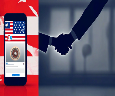 A divided composition showing social media diplomacy on one side and conflicting news narratives on the other, with a fading handshake symbol in the center representing uncertain ceasefire mediation between the US and Iran