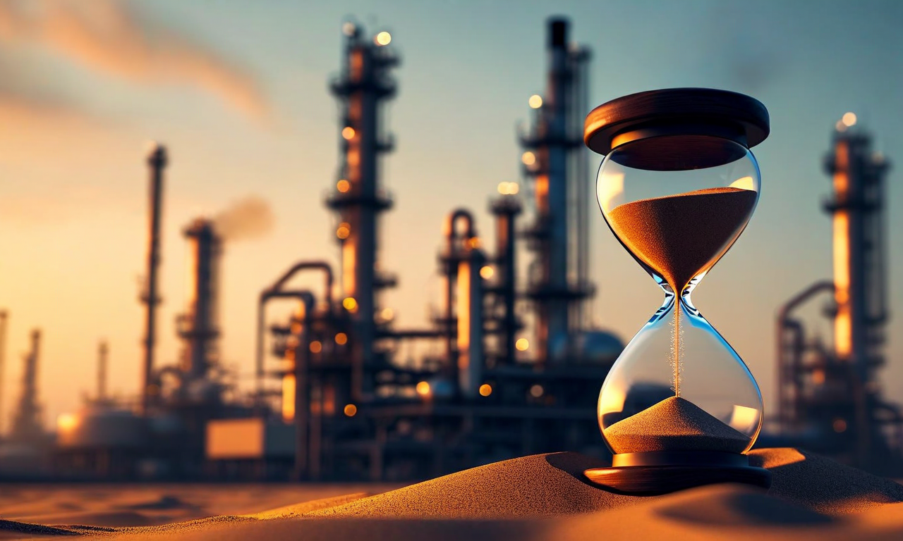 A clock or hourglass symbolizing deadline extension with silhouettes of energy facilities in the background, representing U.S.-Iran diplomatic tensions and postponed military action timelines