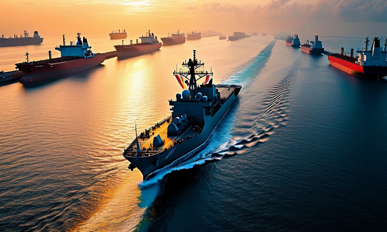 Aerial view of naval vessels and oil tankers navigating through a strategic maritime strait, representing international naval cooperation and energy security
