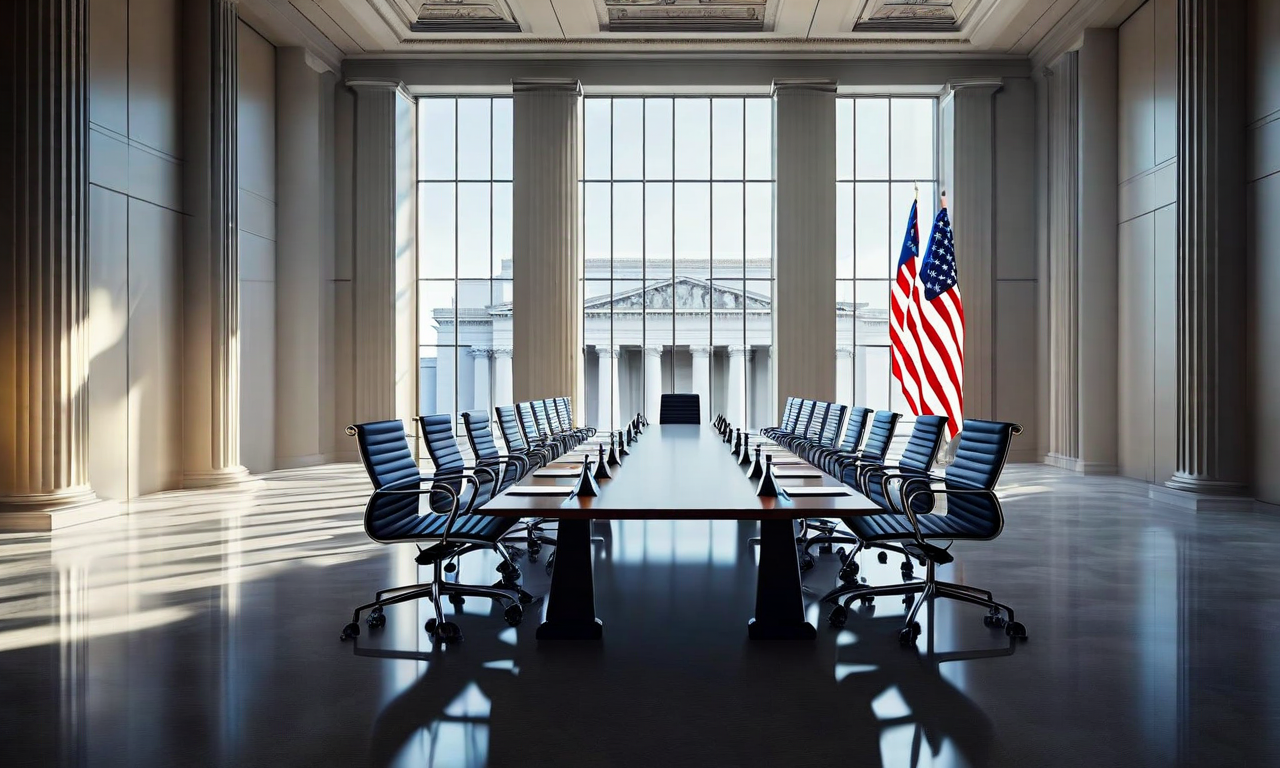 An empty boardroom with 24 vacant chairs around a conference table, symbolizing the termination of National Science Board members, with federal building architecture visible in the background