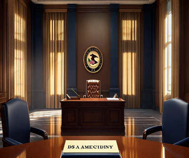 An empty Attorney General's office with a vacant chair behind a mahogany desk, official Department of Justice seal on the wall, and dramatic window lighting creating a somber, institutional atmosphere