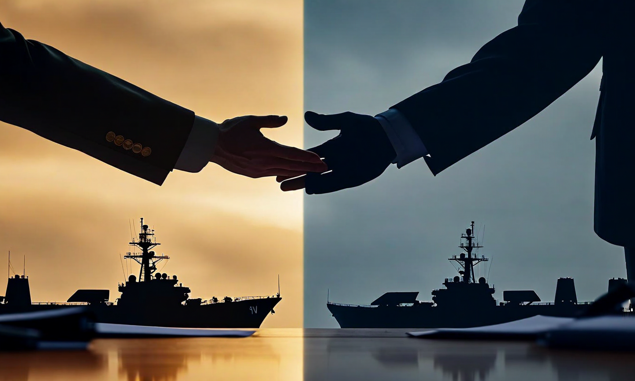 Split image showing diplomatic handshake on one side and military forces on standby on the other, representing the conditional suspension of military operations pending negotiations