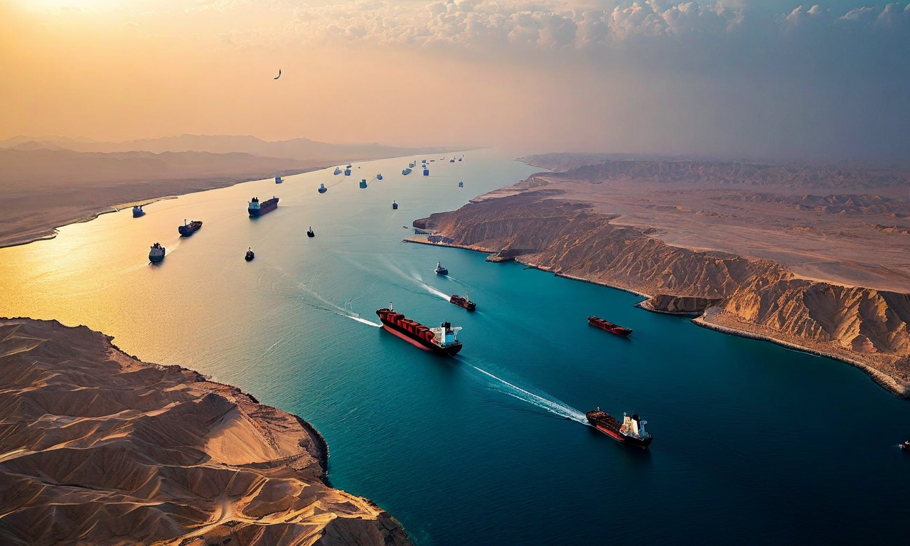 Aerial view of the Strait of Hormuz showing oil tankers and cargo ships navigating through the narrow waterway between Iran and the Arabian Peninsula, illustrating the strategic maritime chokepoint for global energy trade