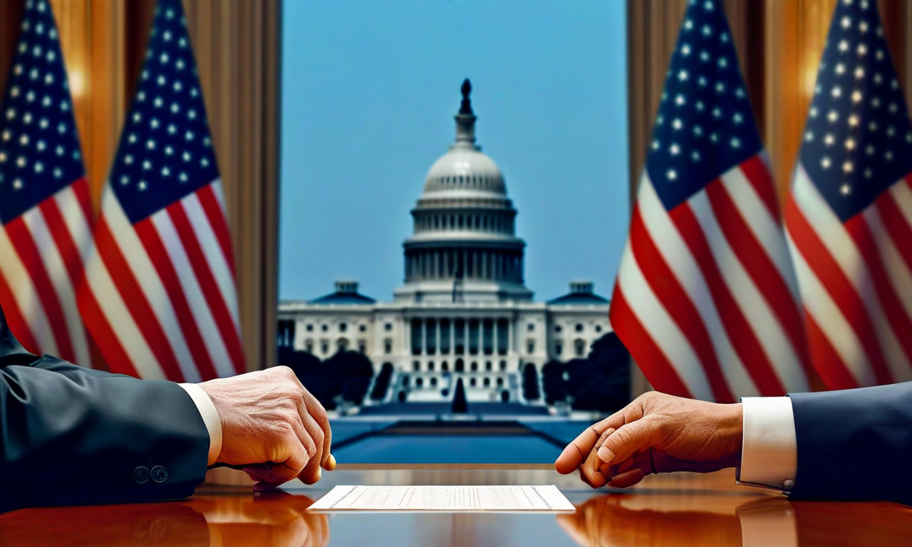 Diplomatic negotiation scene showing American and Iranian elements on opposite sides with hands reaching toward an unsigned document in the center, representing the ongoing US-Iran memorandum negotiations