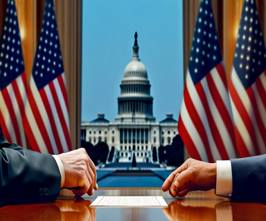 Diplomatic negotiation scene showing American and Iranian elements on opposite sides with hands reaching toward an unsigned document in the center, representing the ongoing US-Iran memorandum negotiations