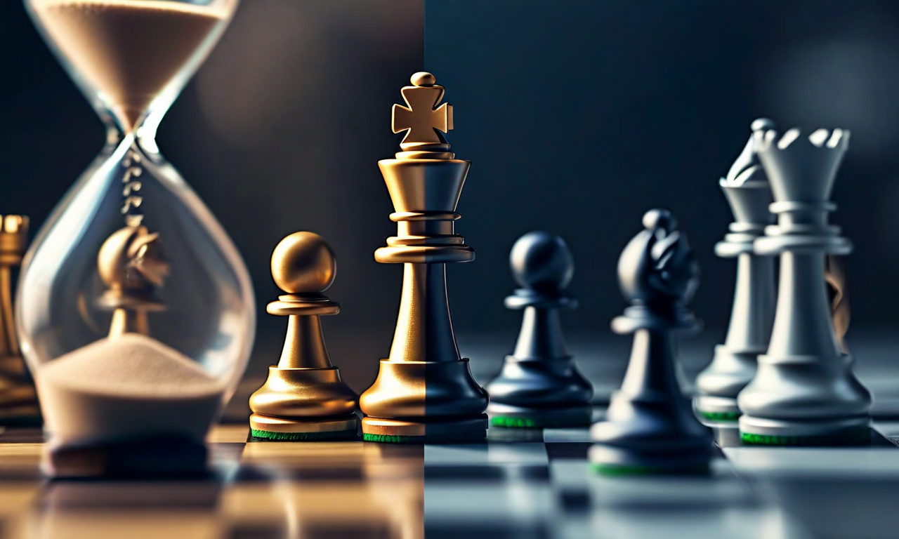 A strategic chess board with a player's hand hovering over pieces, juxtaposed with a clock or hourglass, representing the tension between patient negotiation strategy and time pressure in diplomatic discussions