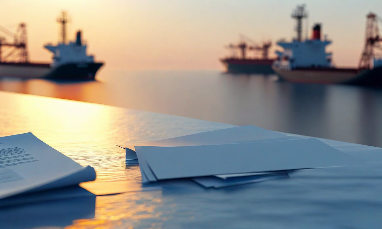 Aerial view of the Strait of Hormuz with calm waters and ships in the distance, overlaid with translucent geometric shapes representing diplomatic documents, symbolizing international negotiations and agreements