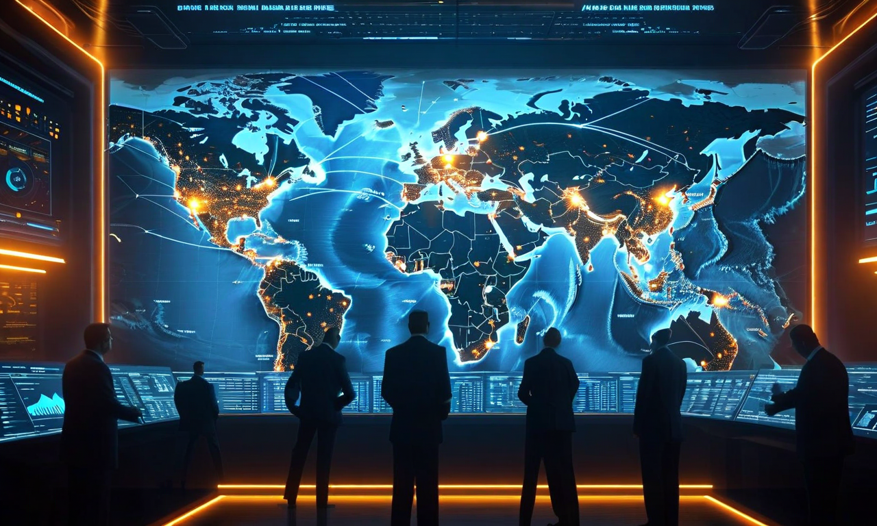 Strategic military command center with illuminated world map showing Middle East region, silhouettes of officials in foreground, dramatic blue and amber lighting conveying serious geopolitical decision-making