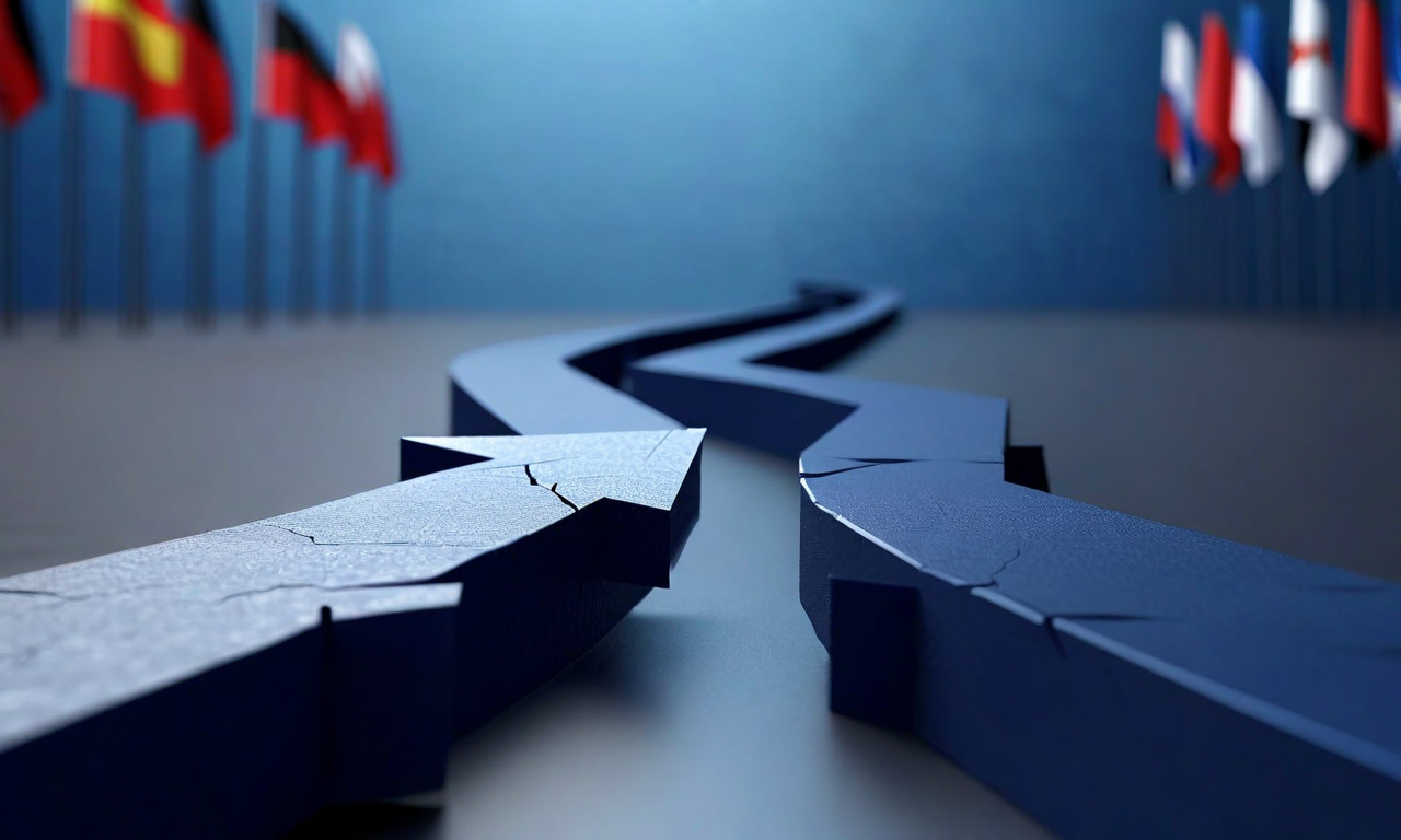 Abstract representation of diverging paths symbolizing the shift from collective security cooperation to unilateral policy, with one prominent path separating from aligned pathways against a backdrop of diplomatic symbols
