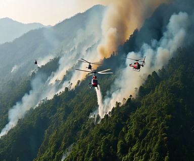Aerial view of a Self-Defense Force helicopter conducting water drops over a mountain forest fire in Tsu City, with smoke rising from forested slopes demonstrating the scale of the wildfire emergency response