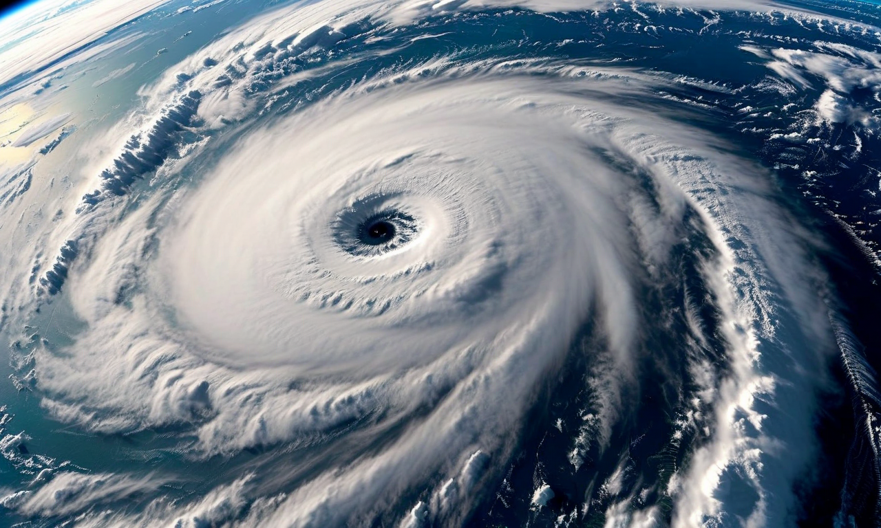 Aerial satellite view of a large, well-organized typhoon system with a defined eye and spiral cloud bands approaching coastal waters, illustrating the massive scale and structure of Typhoon 13