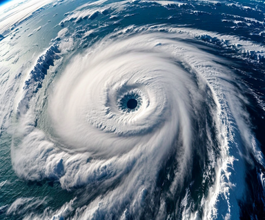 Aerial satellite view of a large, powerful typhoon system with a well-defined eye center and tightly spiraled cloud bands over ocean waters, illustrating the scale and intensity of Typhoon 13