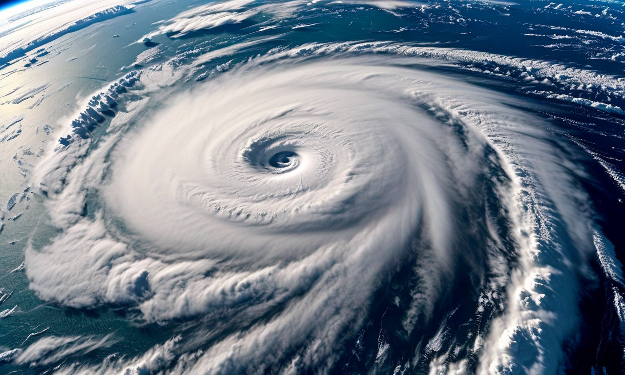 Satellite view of Typhoon 6 showing a powerful spiral storm system with a defined eye center over the Pacific Ocean, with concentrated cloud bands indicating high intensity
