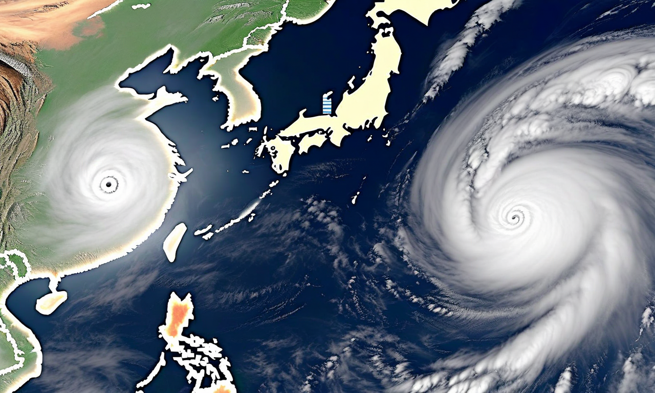Aerial view showing two spiral typhoon systems approaching Japan from different angles with a stationary rain front between them, depicted in a scientific meteorological visualization style