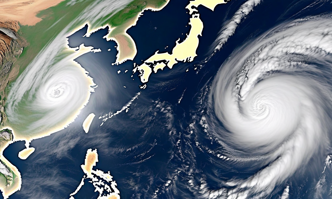 Aerial view of two typhoon systems approaching Japan simultaneously, with spiral cloud formations visible over the ocean near the Japanese islands, illustrating the dual-typhoon weather threat to Kanto and western Japan regions