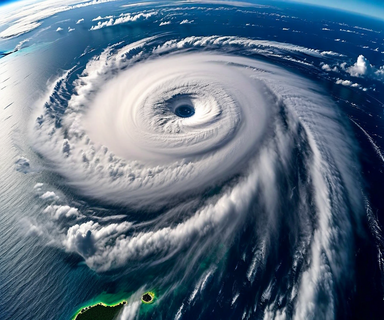 Aerial satellite view of a large typhoon system with spiral cloud formations approaching a chain of small islands in the Pacific Ocean, illustrating the scale and intensity of Typhoon 9 approaching Okinawa's Sakishima Islands