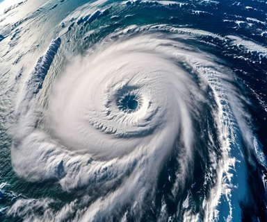 Aerial satellite view of a large, well-organized typhoon system over the ocean, showing a clear eye surrounded by spiral cloud bands, representing Typhoon No. 9 approaching Okinawa's Sakishima Islands