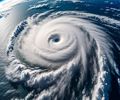 Aerial view of a powerful typhoon with spiral cloud formations approaching tropical islands, showing the organized structure and intensity of the storm system over dark ocean waters