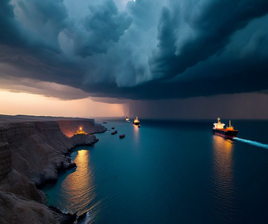 Aerial view of commercial oil tankers navigating through the Strait of Hormuz at dusk, with dramatic storm clouds overhead highlighting the strategic waterway's geopolitical significance