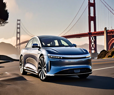 A premium Lucid electric sedan on a San Francisco street with the Golden Gate Bridge in the background, representing the launch of Uber and Nuro's luxury robotaxi service
