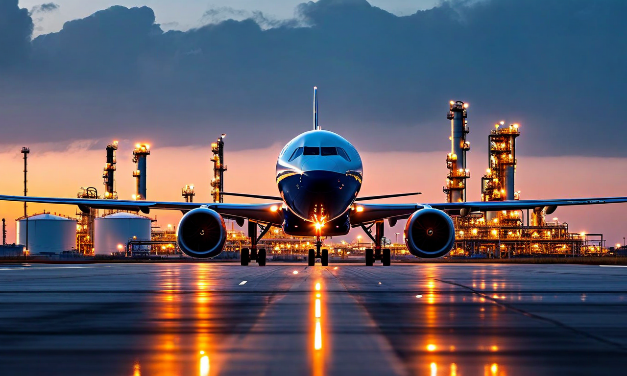 Commercial aircraft on runway with industrial oil refinery and fuel storage infrastructure in background, illustrating the jet fuel supply and demand challenge facing UK aviation
