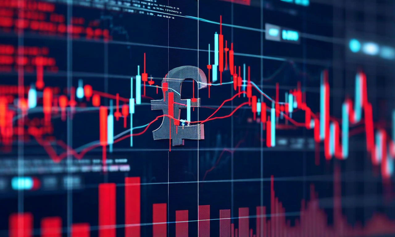 Declining financial graph with downward trending lines and British pound symbols, representing the contraction in UK fintech funding levels with abstract data visualization elements in professional blue and red tones