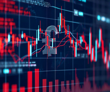 Declining financial graph with downward trending lines and British pound symbols, representing the contraction in UK fintech funding levels with abstract data visualization elements in professional blue and red tones
