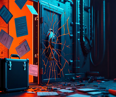 A broken digital vault with silhouettes of identity documents spilling out, with a legal briefcase in the foreground and abandoned technical tools in the background, representing a data breach where legal response was prioritized over technical remediation