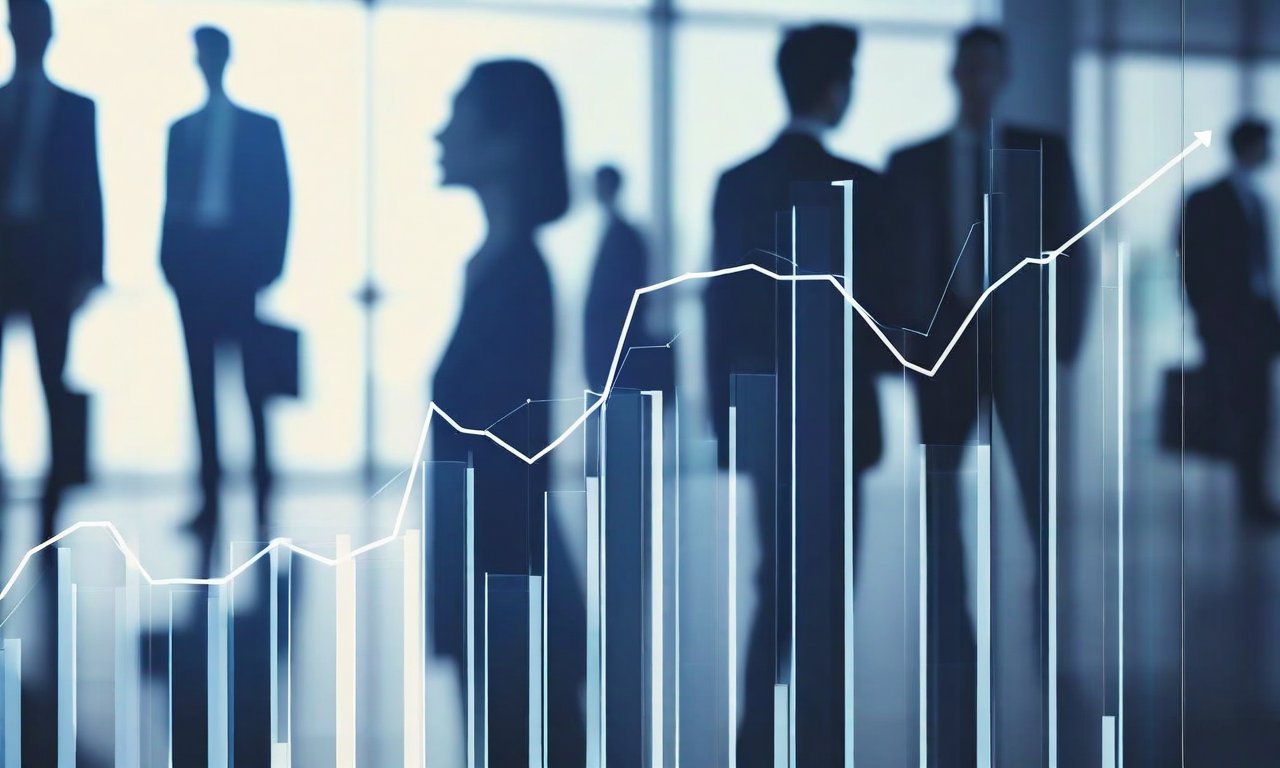 Abstract visualization of employment statistics showing bar graphs with slight upward trend, accompanied by silhouettes of business professionals, representing Japan's unemployment rate changes in a professional analytical style