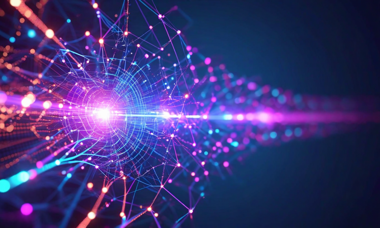 複数の源タスクから発せられた光の流れが、中央の焦点へ収束していく様子を表現した抽象的な未来的ビジュアル。左側の複数の異なる色のノードから発せられた光線が、右側の中心点へ向かって流れ込み、ネットワークノード間の発光する接続を示している。転移学習における知識の流れと集約を直感的に表現。