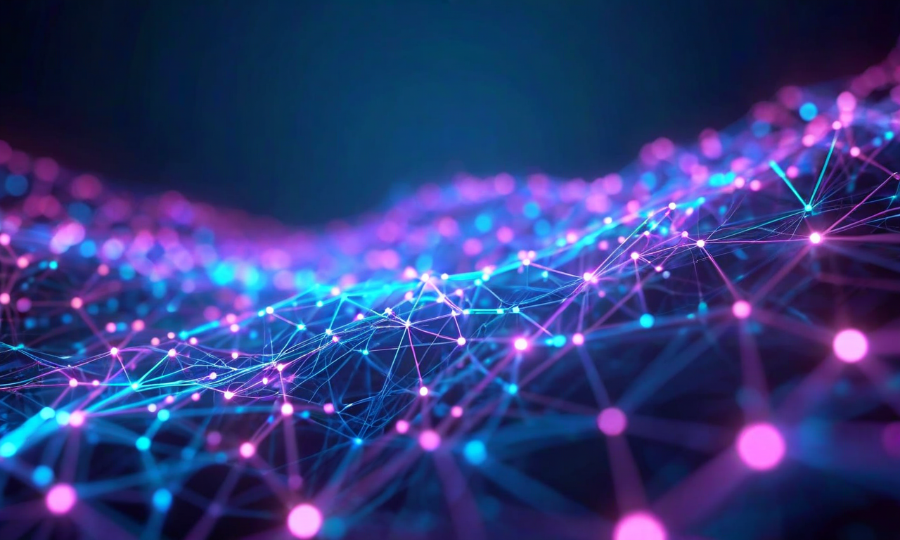 Abstract visualization of transfer learning showing a neural network with glowing blue nodes transferring knowledge through flowing data streams to multiple smaller networks against a dark gradient background