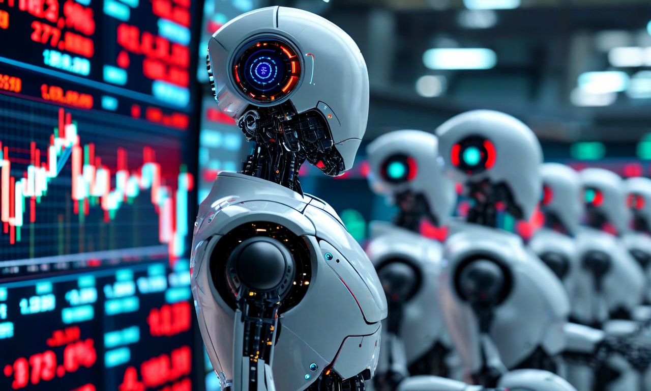 Split composition showing humanoid robots representing competing robotics companies alongside stock market trading screens and financial data, symbolizing Unitree's IPO entry into a competitive robotics market with established players from US and China