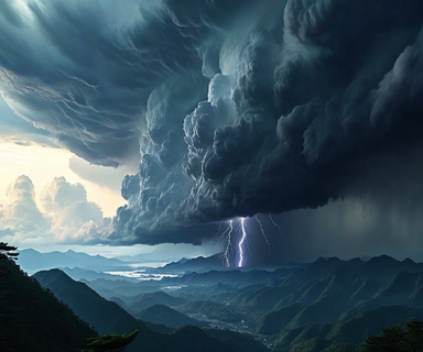 Dramatic storm clouds gathering over mountainous Japanese landscape showing atmospheric instability with dark gray and blue cloud formations, lightning, and colliding air masses creating severe weather conditions