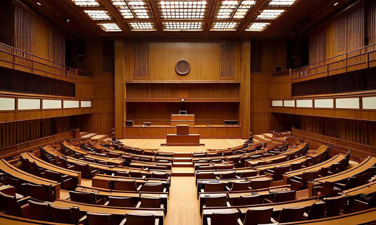 Interior view of the Japanese Diet parliamentary chamber showing formal seating arrangements and podium, representing legislative questioning and governmental accountability